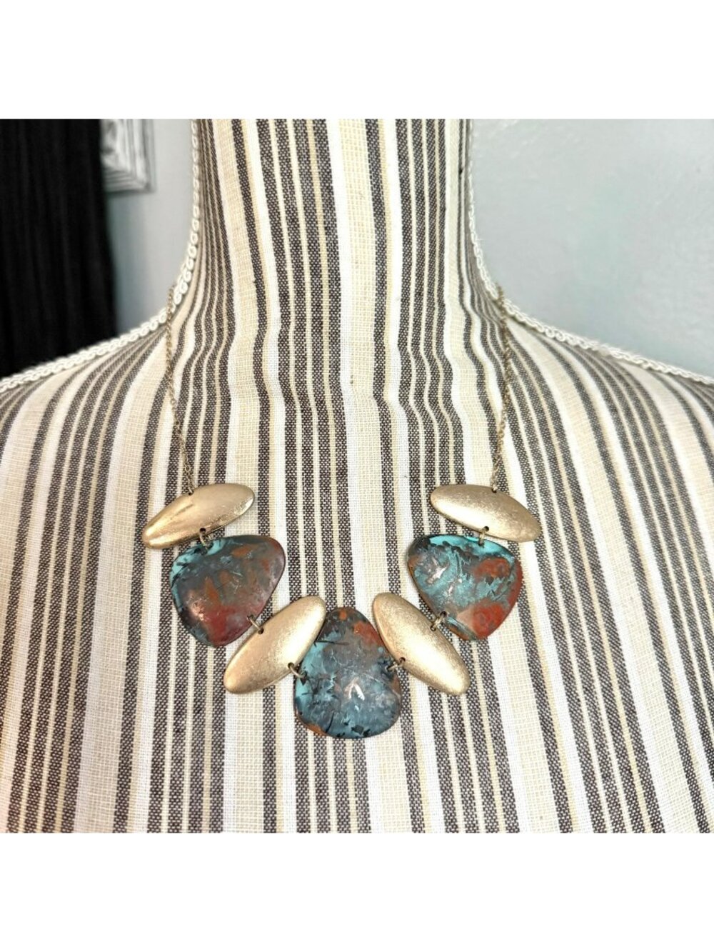 Faux Oxidized Copper Patina and Gold Tone Statement Necklace
